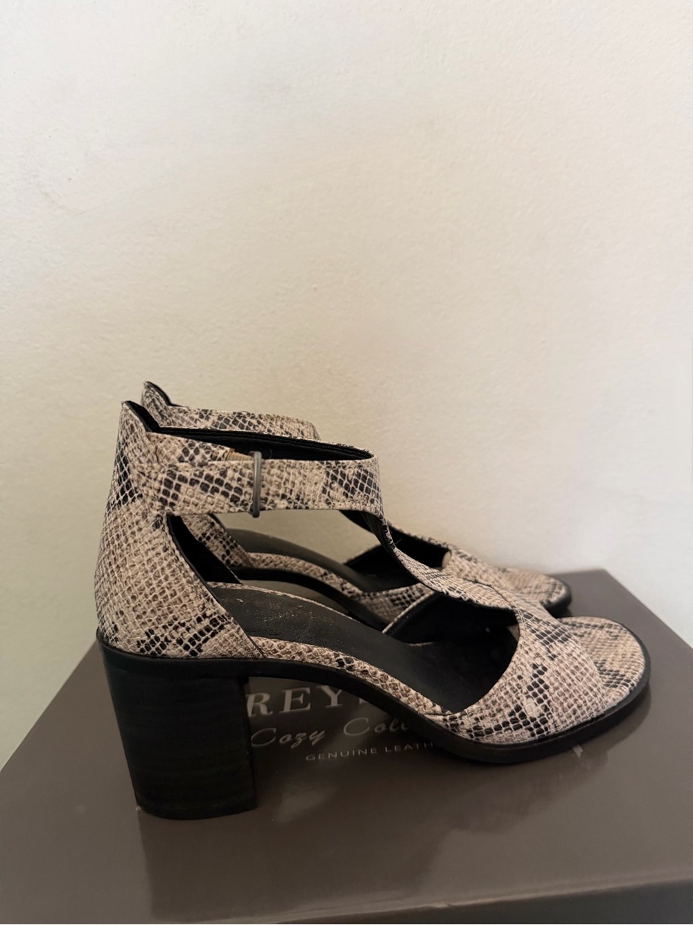 Lucky Brand Snake-Print Ankle Strap Block Heel Sandal - Cream/Black